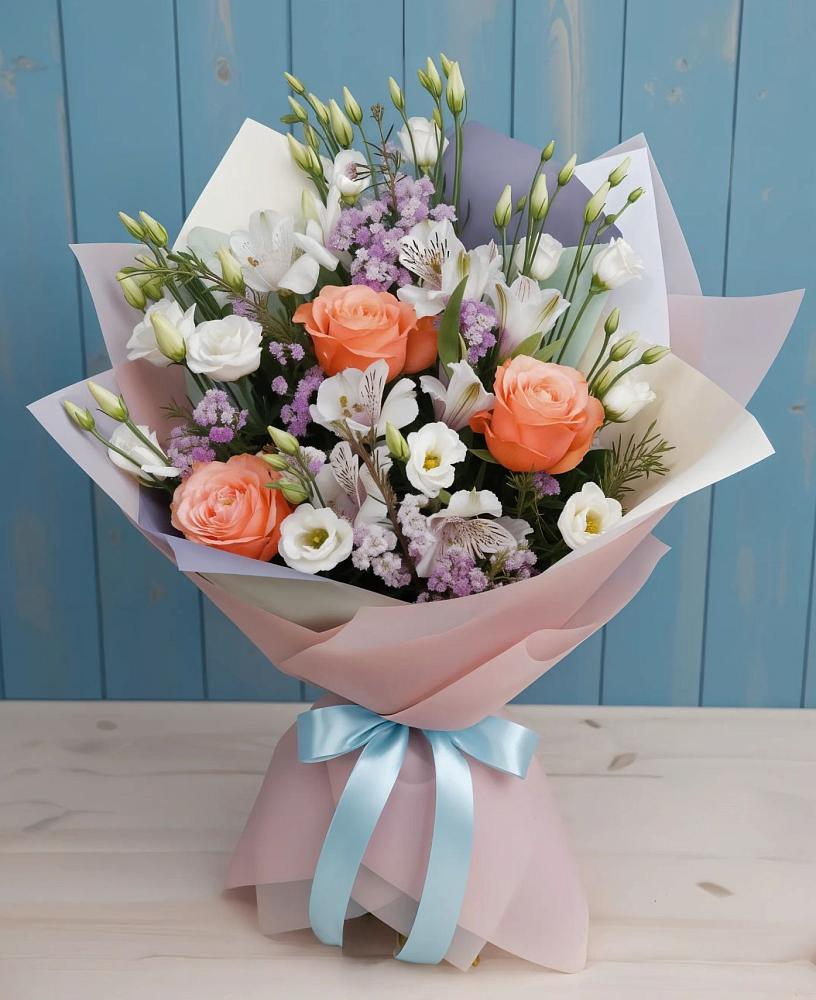 Букет цветов из: Лизиантусы, Розы, Альстромерии и Гипсофила в Ярково Новосибирской области