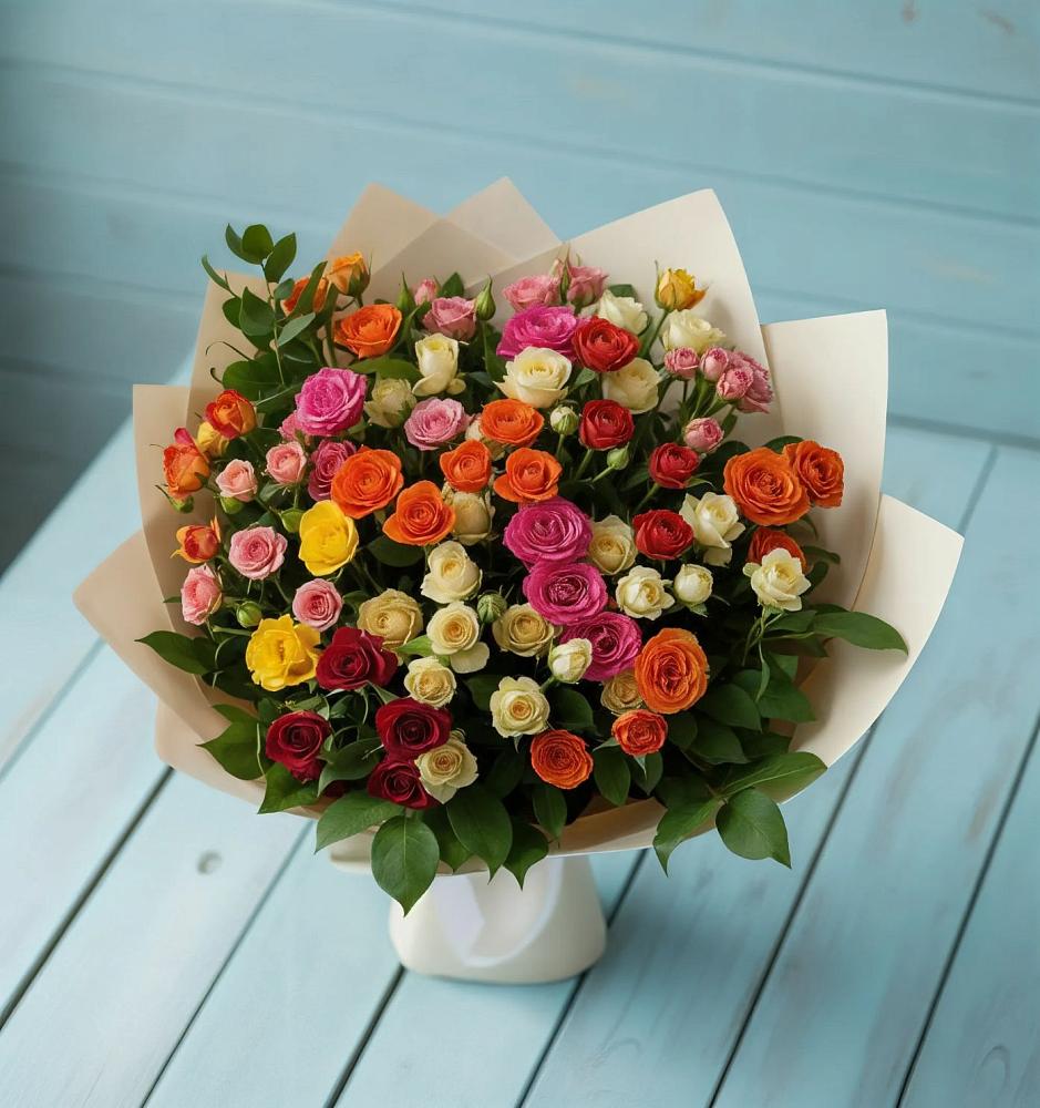 Букет Микс из разноцветных кустовых роз в Ярково Новосибирской области
