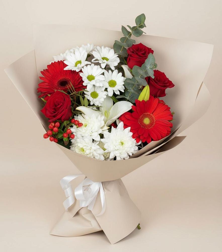 Букет цветов из: Розы, Хризантемы, Герберы и Лилии в Ярково Новосибирской области
