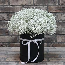 Цветочная композиция из Гипсофила в шляпной коробке в Ярково Новосибирской области